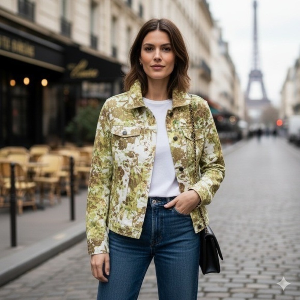 Clothes Floral Print Denim Jacket Women's M‎ White Green Gold Glitter Accent